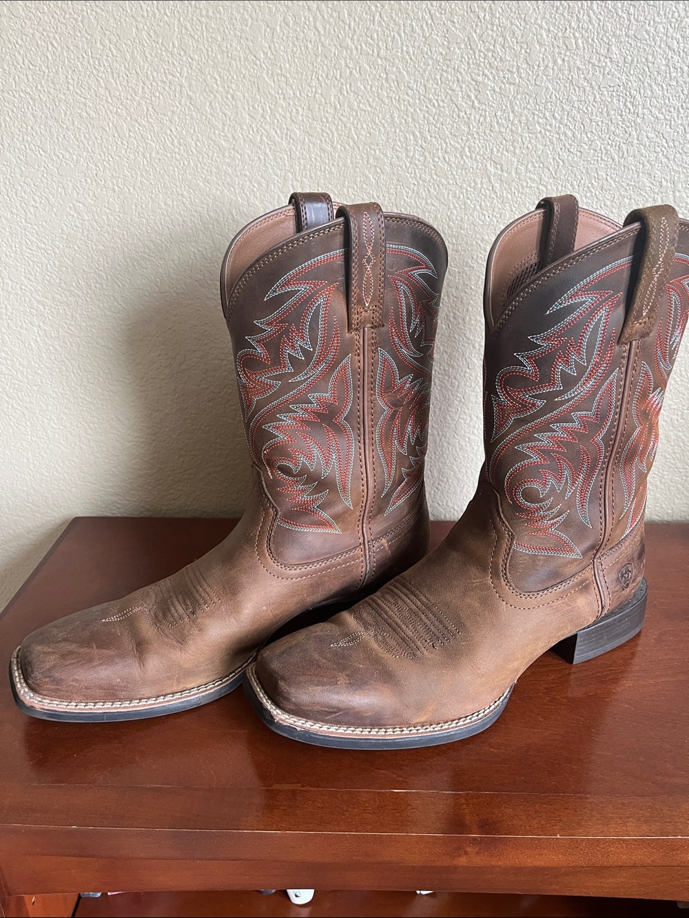 Ariat Brown Leather Western Boots with Red & Light Blue Stitching
